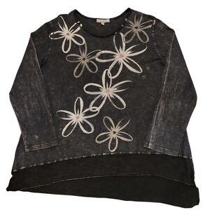 Jess & Jane Women's XL Mineral Washed Daisy Asymmetric Tunic Top Black Lagenlook